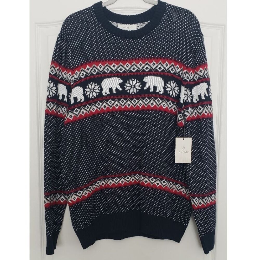 Aspen Nordic Fair Isle Polar Bear Crew Neck Sweater Men's Size L Chunky Preppy‎